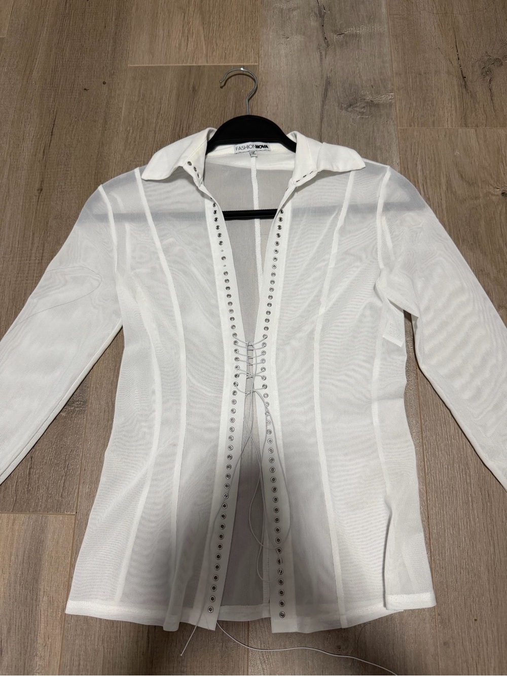 White Sheer Lace-Up Button Trim Shirt